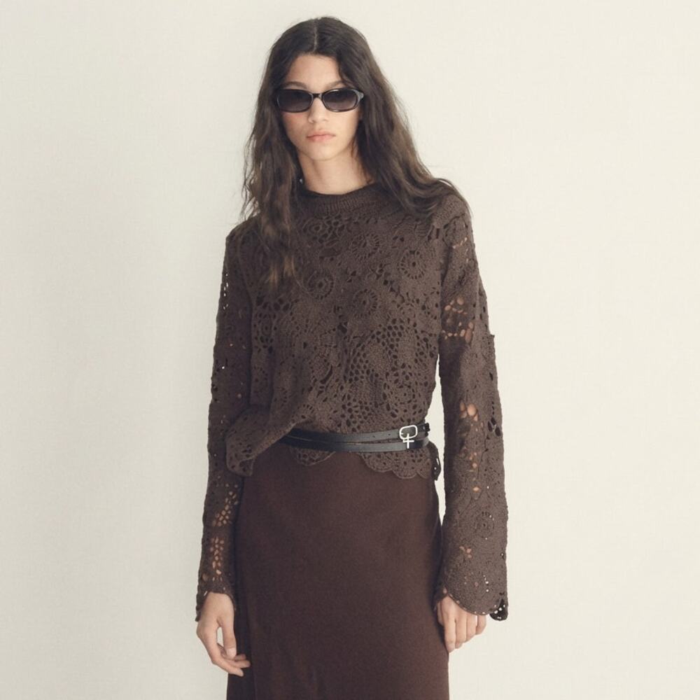 Mango MNG Crochet Long Sleeve Top Womens S Chocolate Brown Floral Cotton Knit